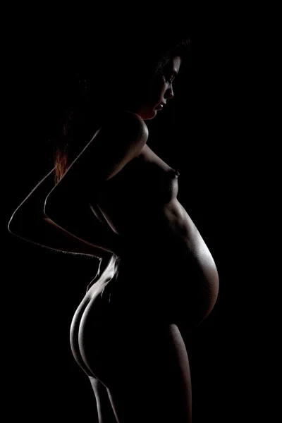 stock image Profile of nude pregnant woman with back lighting